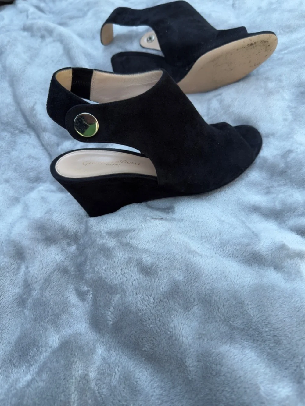 Gianvito Rossi Black Suede Wedge Peep-Toe Slingback Sandals